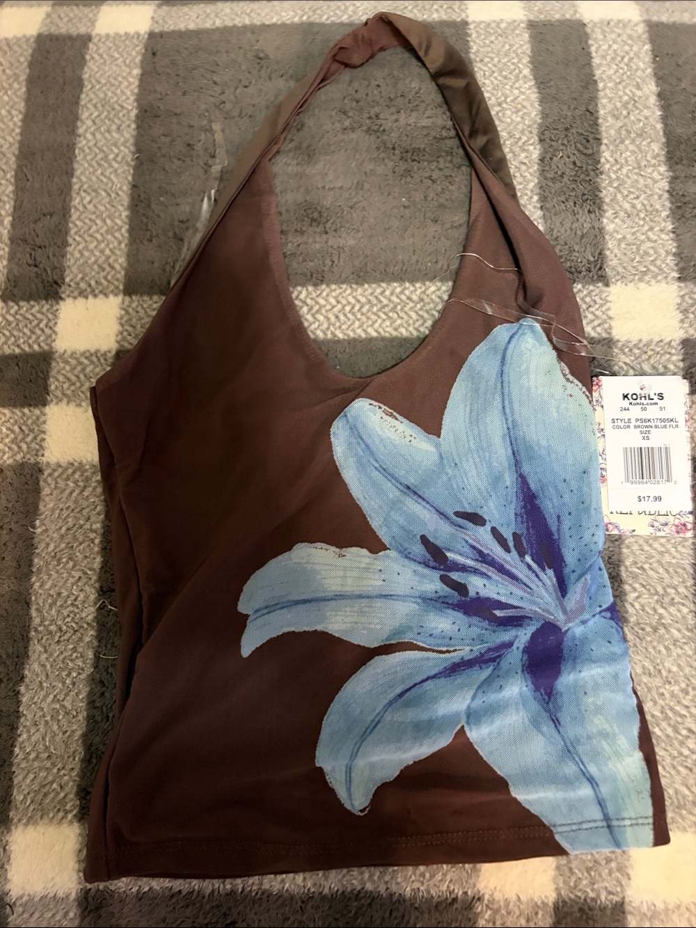 Kohl's Brown Top with Blue Floral Accent